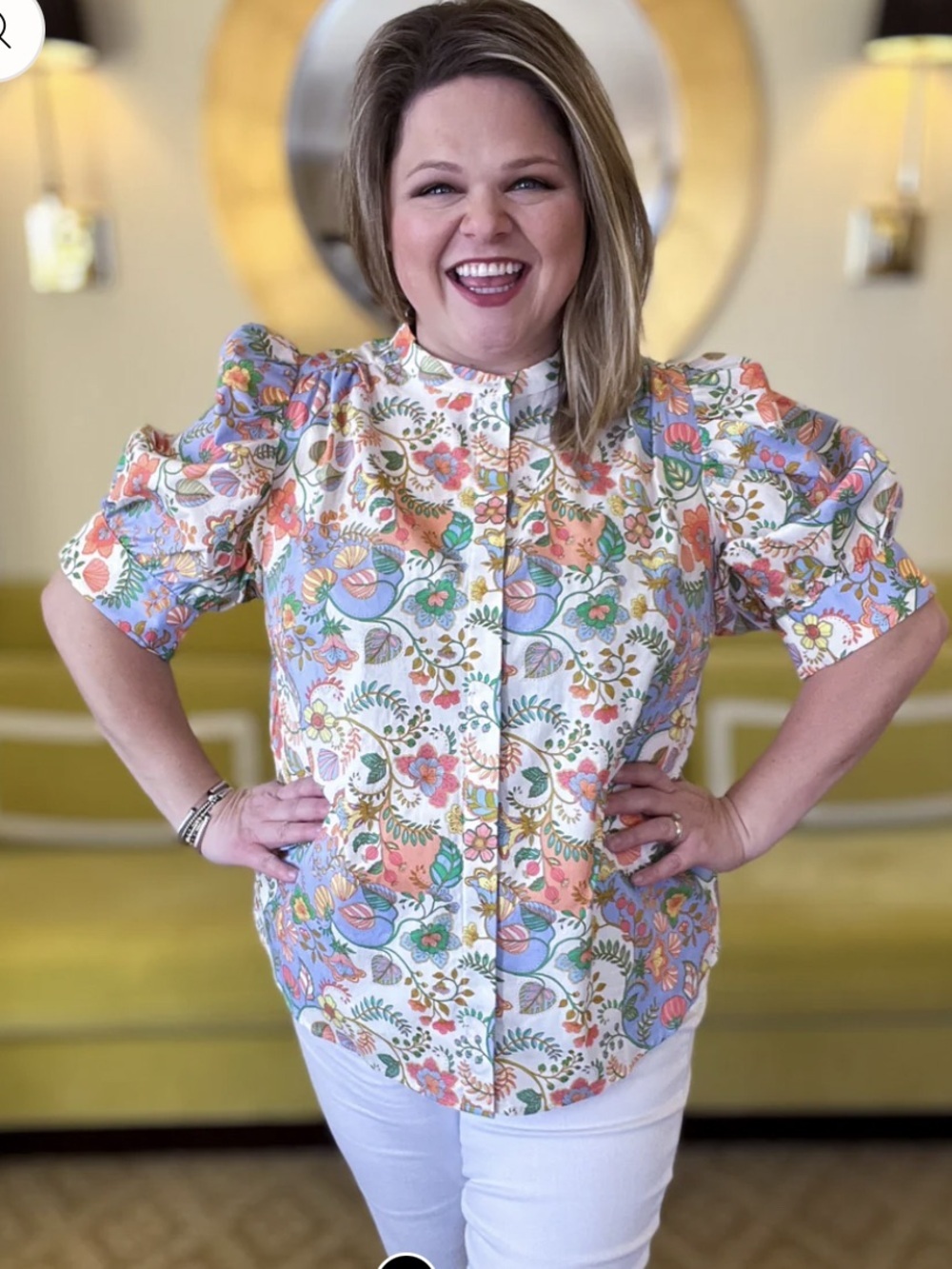 Sugarlips Floral Puff Sleeve Button-Back Blouse - Pastel Multicolor - Picture 2 of 11